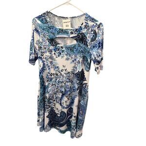 Annie B Tunic Dress Blue Floral Keyhole Chest Small